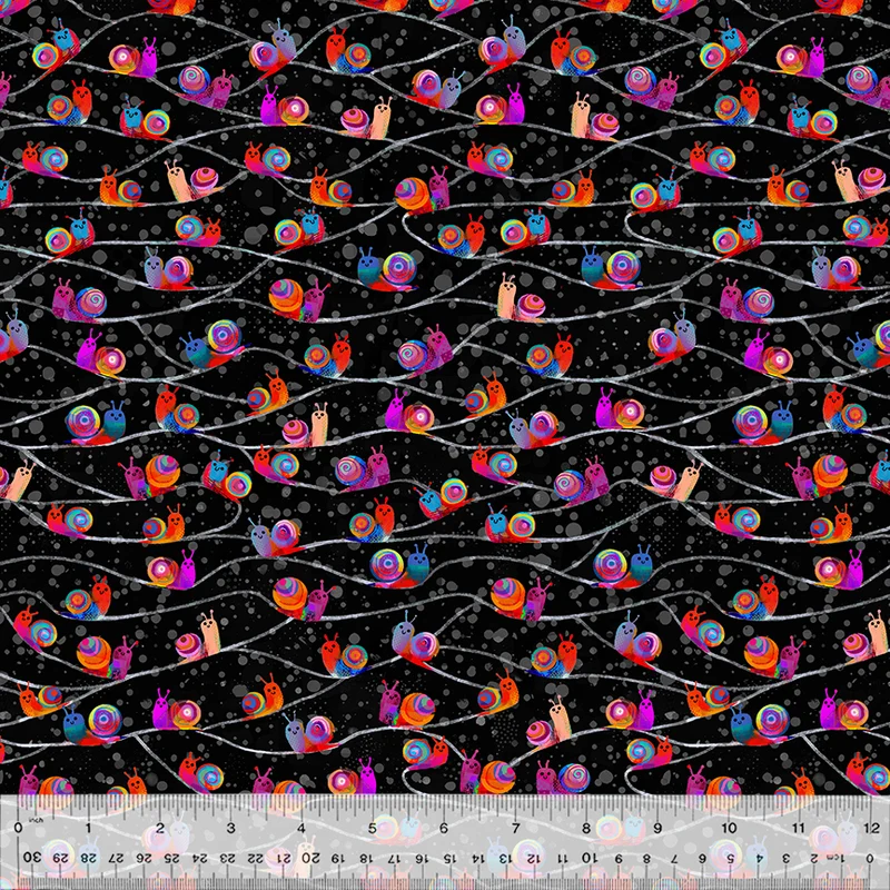 Snail Trail in Night 53486D-2, Catsville by Gareth Lucas for Windham Fabrics, shown with a ruler for scale