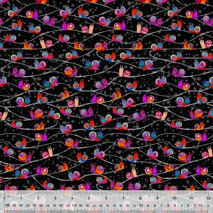 Snail Trail in Night 53486D-2, Catsville by Gareth Lucas for Windham Fabrics, shown with a ruler for scale