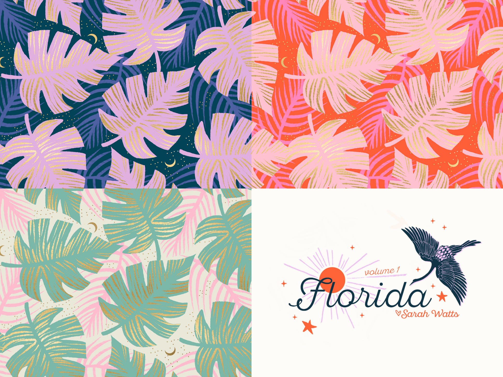 3 fat quarter bundle containing a fat quarter of each the Peacock, Fire, and Water colorways of the print "Shade Palm" from the out of print 2020 Ruby Star Society "Florida Volume 1" collection.