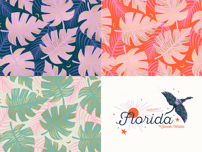 3 fat quarter bundle containing a fat quarter of each the Peacock, Fire, and Water colorways of the print "Shade Palm" from the out of print 2020 Ruby Star Society "Florida Volume 1" collection.
