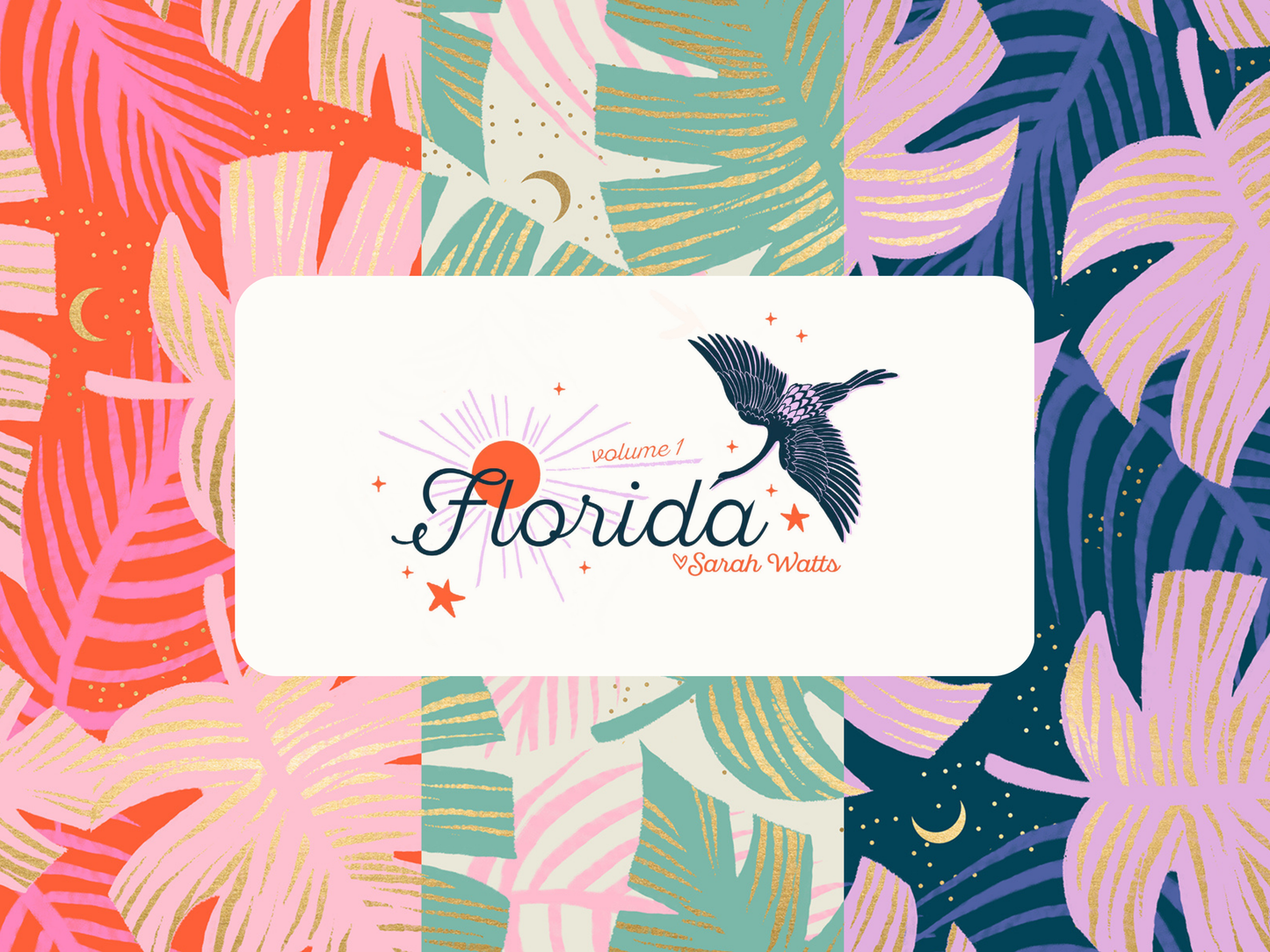 Hero Image featuring the Peacock, Fire, and Water colorways of the print "Shade Palm" from the out of print 2020 Ruby Star Society "Florida Volume 1" collection.