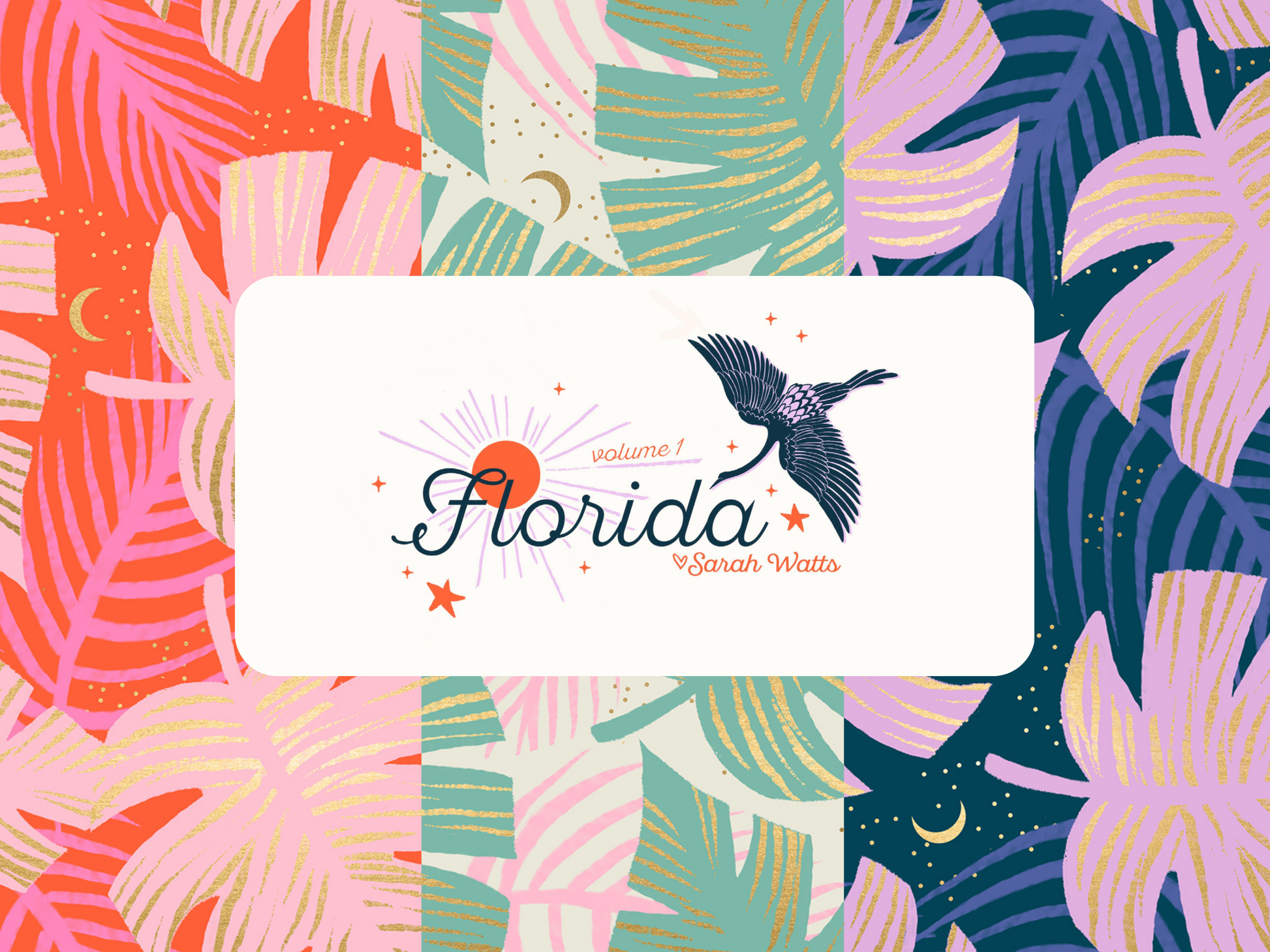 Hero Image featuring the Peacock, Fire, and Water colorways of the print "Shade Palm" from the out of print 2020 Ruby Star Society "Florida Volume 1" collection.
