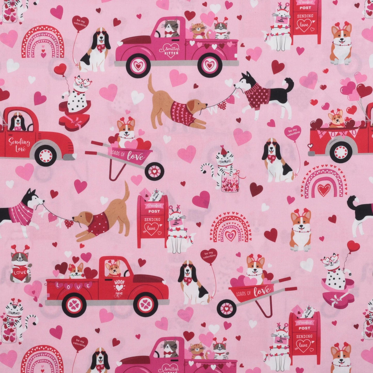 Love You Scenic Pink | 2023 (Love You Fur-Ever) | Benartex Fabrics | Cotton Quilting Fabric | Valentine's Dogs & Cats | BTHY