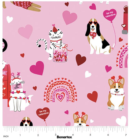 Love You Scenic Pink | 2023 (Love You Fur-Ever) | Benartex Fabrics | Cotton Quilting Fabric | Valentine's Dogs & Cats | BTHY