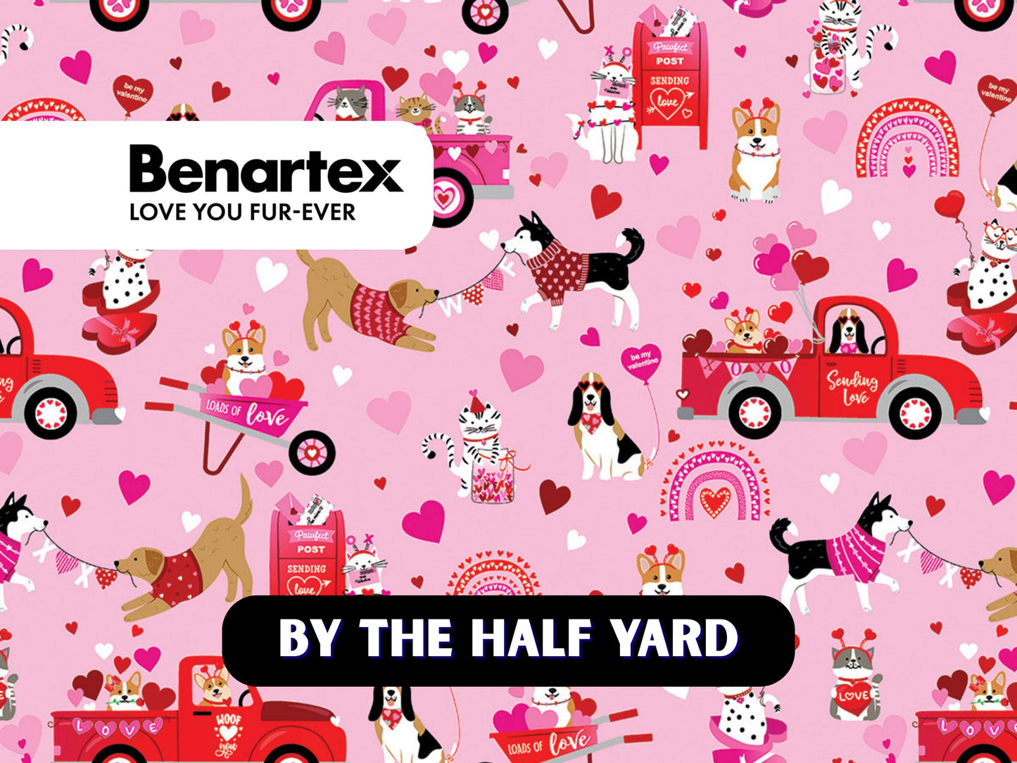 Love You Scenic Pink | 2023 (Love You Fur-Ever) | Benartex Fabrics | Cotton Quilting Fabric | Valentine's Dogs & Cats | BTHY