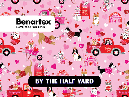 Love You Scenic Pink | 2023 (Love You Fur-Ever) | Benartex Fabrics | Cotton Quilting Fabric | Valentine's Dogs & Cats | BTHY
